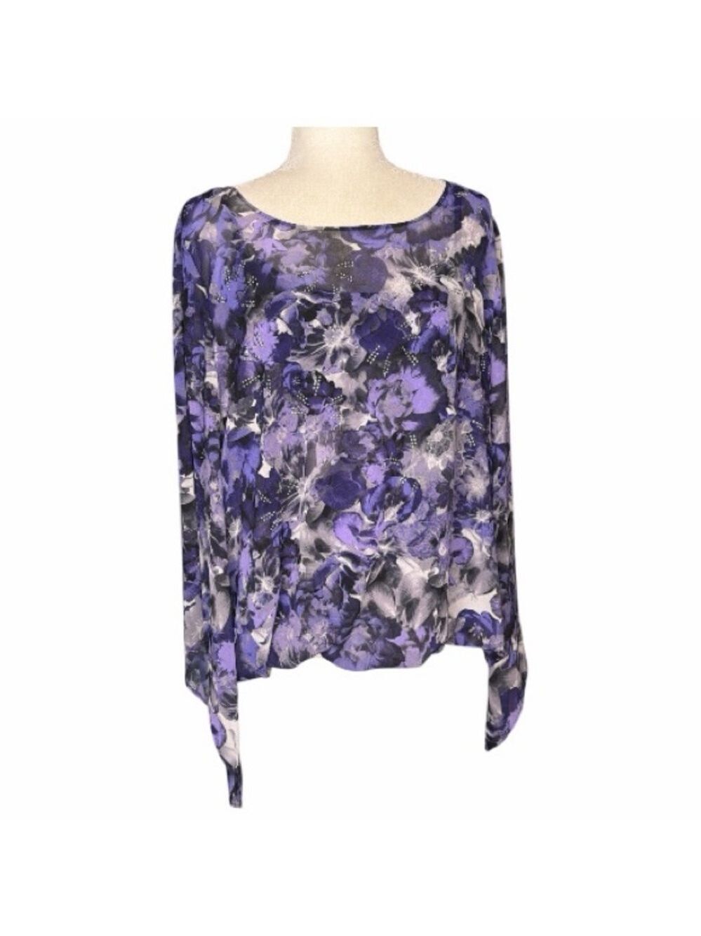 Alfani Abstract Shades of Purple Blouse with Bell Sleeves Detailed Silver Studs